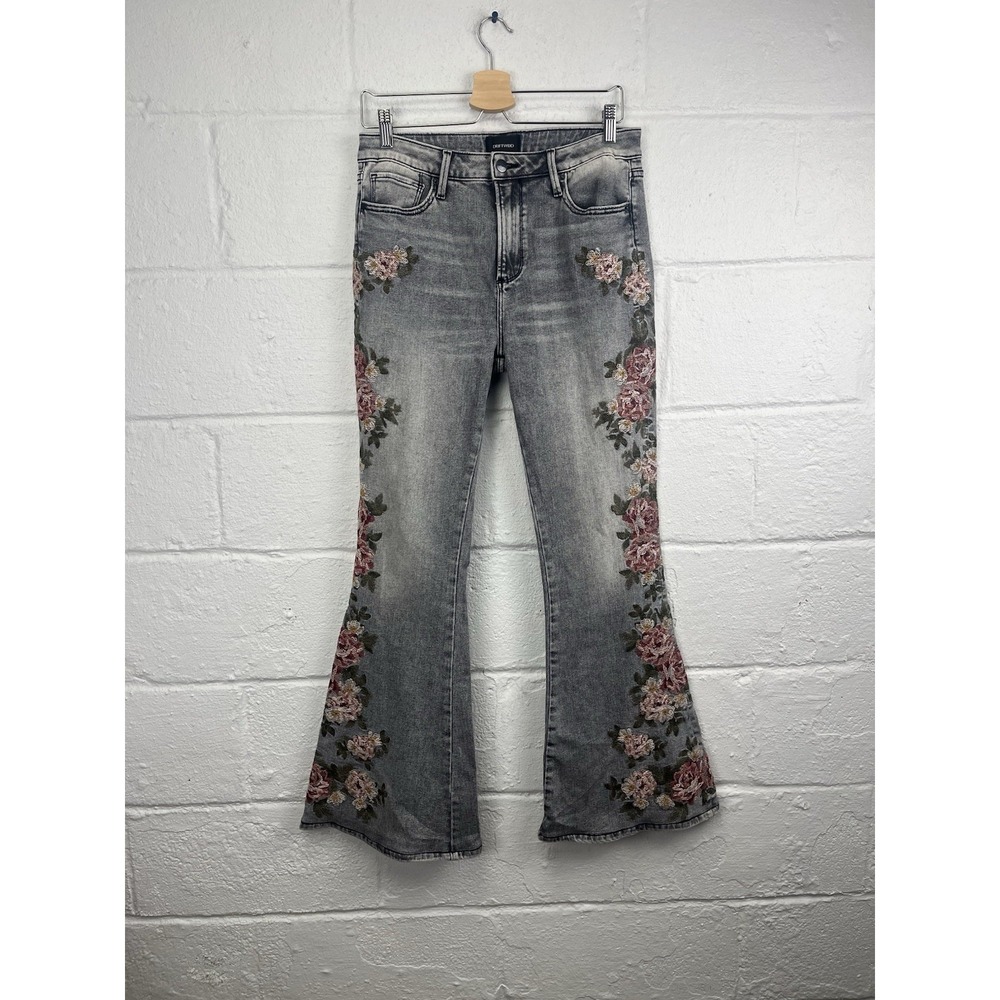 DRIFTWOOD Farrah Floral Flare Jeans Gray 29 X 32 Embroidered Rose Stretch NWOT